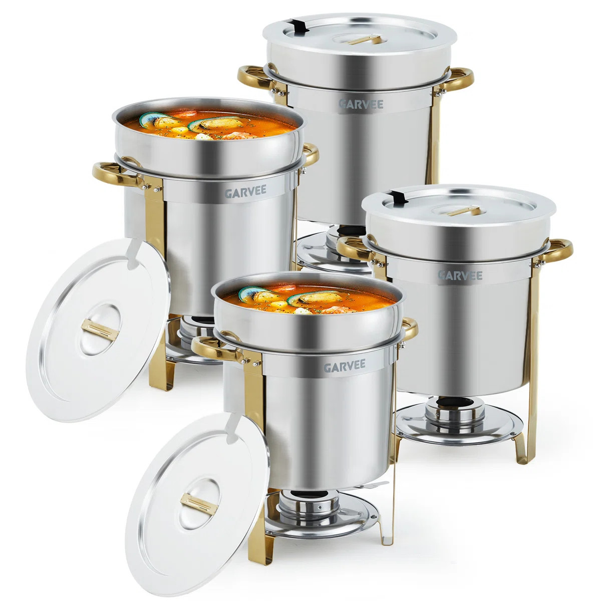 4 Pack Round Soup Chafer, 11QT Stainless Steel Soup Warmer with Pot, Notched Lids & Fuel Holders,... | Wayfair North America