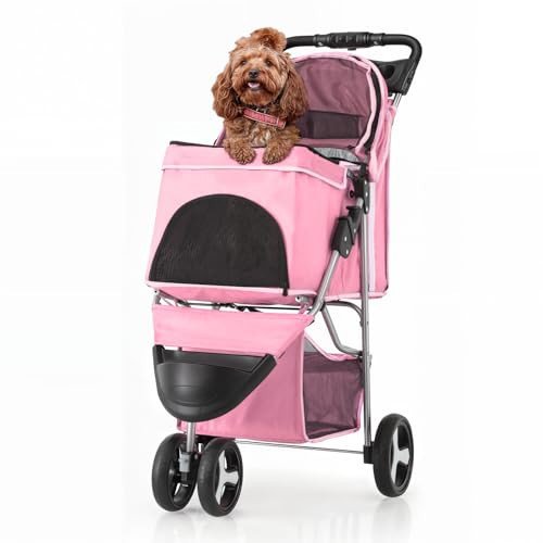 Polias Dog Stroller, 3 Wheels Pet Stroller for Cats and Dogs with Storage Basket & Cup Holder, Cat Stroller and Pet Stroller for Medium Dogs & Small Dogs, Pink | Amazon (US)