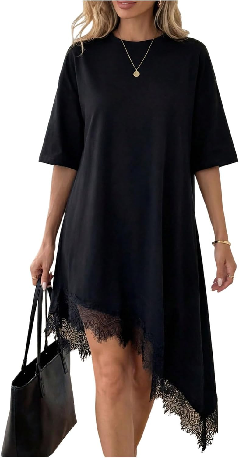 SHENHE Women's Lace Trim Short Sleeve Asymmetrical Oversized T Shirt Dress | Amazon (US)