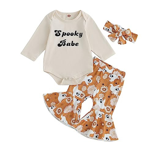 fhutpw Newborn Baby Girl Halloween Clothes Long Sleeve Romper Tops Pumpkin Bell-Bottom Pants Headband Infant Fall Outfits (Spooky Babe- Apricot Orange, 0-3 Months) | Amazon (US)