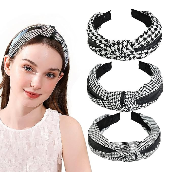 Amazon.com : A-Zachary 3 pcs Headbands Women Hair Bands - Wide Knotted Vintage PU Houndstooth Sti... | Amazon (US)