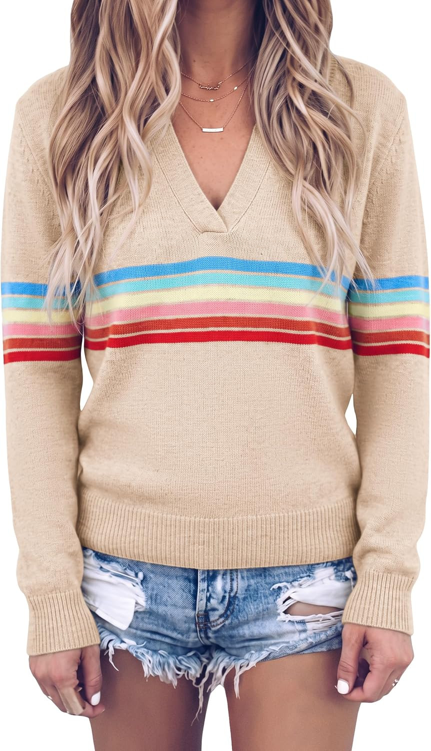 ECOWISH Women's Casual Loose Striped Sweater Crewneck Long Sleeve Color Block Soft Knit Pullover Tops | Amazon (US)