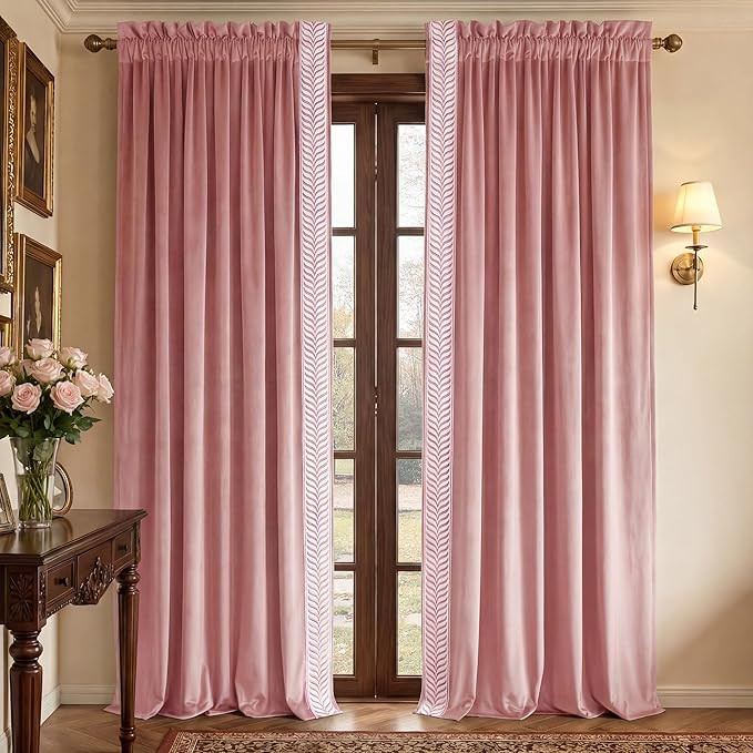 NICETOWN Rod Pocket Embroidered Trim Velvet Curtains, 2 Panels, Blush Pink, 96 Inch Long Velvet B... | Amazon (US)