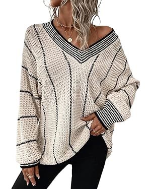 Dokotoo Womens Oversized Striped Tunic Sweaters Casual V Neck Long Sleeve Color Block Knit Pullov... | Amazon (US)