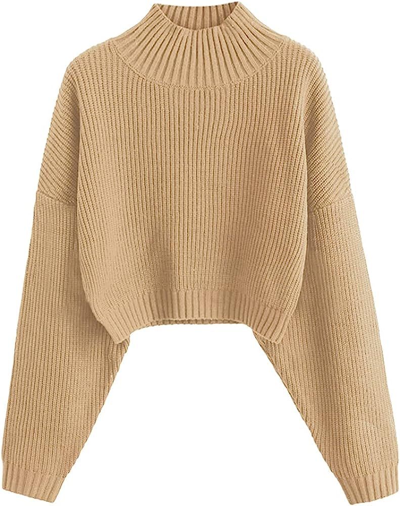 Zaful Womens High Neck Lantern Sleeve Ribbed Knit Pullover Crop Sweater Jumper | Amazon (US)