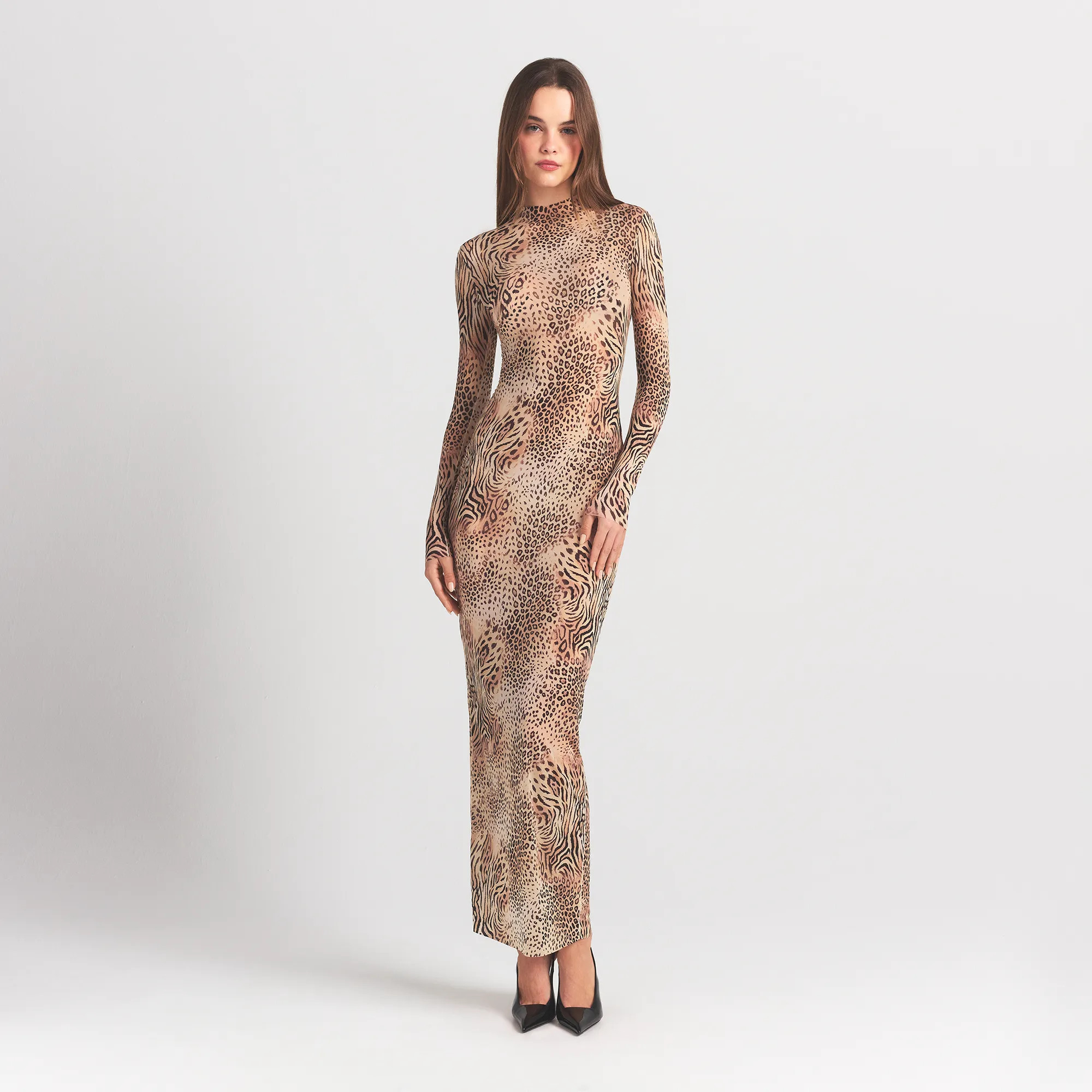MILKY SHEER MOCK NECK LONG SLEEVE LONG DRESS | SAND MULTI ANIMAL | SKIMS | SKIMS (US)