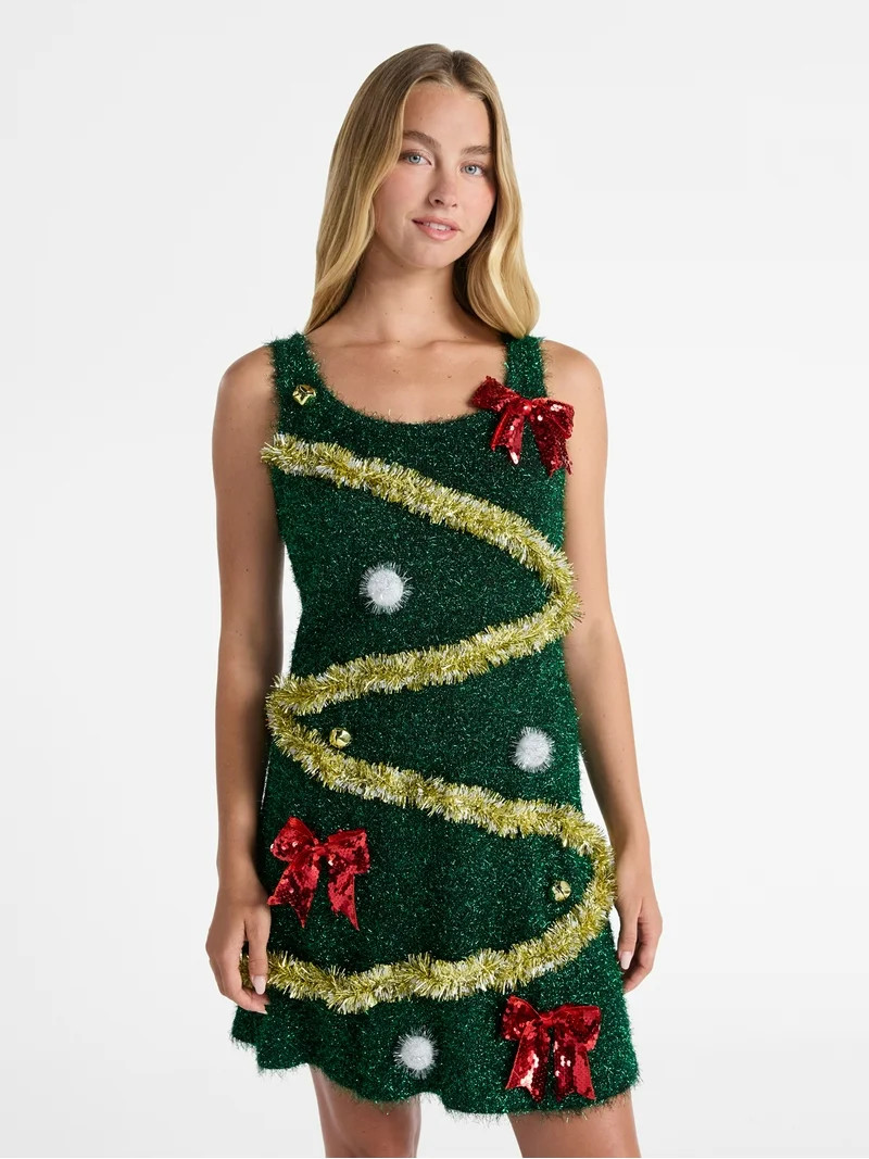 No Boundaries Christmas Tree Tinsel Mini Dress, Women’s | Walmart (US)
