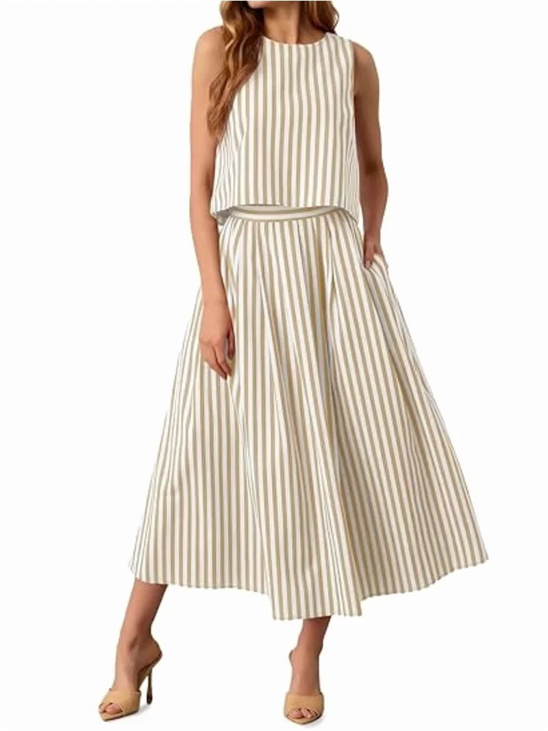 Womens 2 Piece Skirt Sets Summer Striped Sleeveless Tank Tops Midi Dress Vacation Outfits Matchin... | Walmart (US)