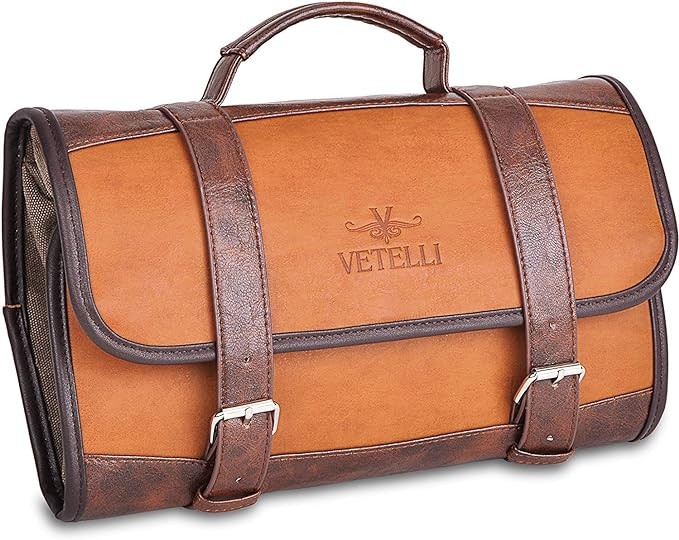 Vetelli Leather Toiletry Bag for Men - Water Resistant, 2 Zippered Internal Pockets, 2 Snap-Faste... | Amazon (US)