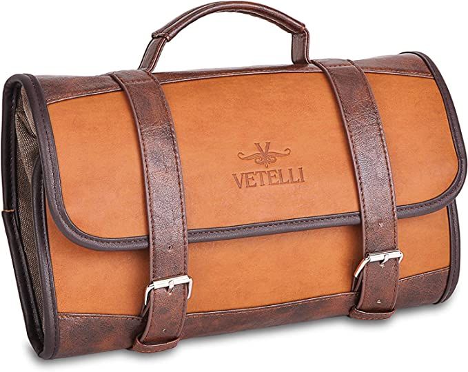Vetelli Leather Toiletry Bag for Men - Water Resistant, 2 Zippered Internal Pockets, 2 Snap-Faste... | Amazon (US)