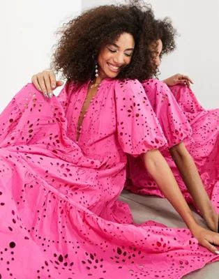 ASOS EDITION button front tiered eyelet maxi dress in bright pink | ASOS (Global)