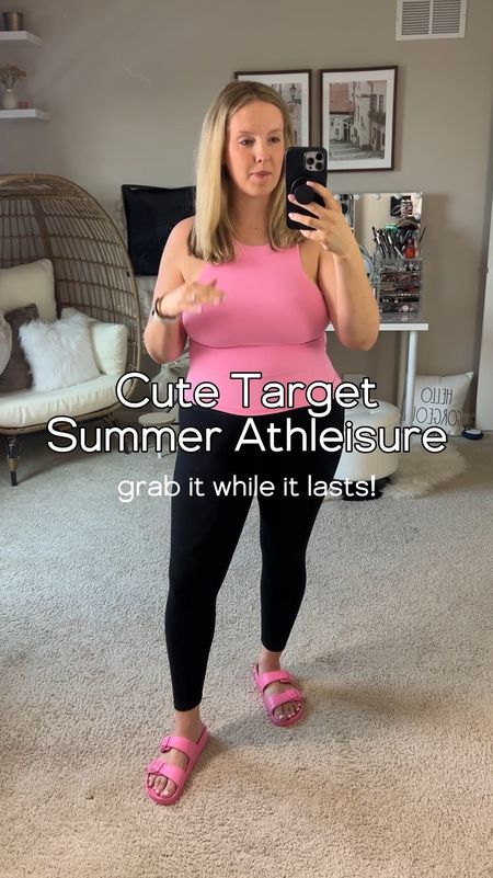 Neon pink built in bra tank and matching slide sandals. Target style is on fire for summer! Cute active wear and workout styles. Plus, these slide sandals come in toddler sizes too!

#LTKMidsize #LTKFitness

#LTKFindsUnder50 #LTKActive #LTKVideo