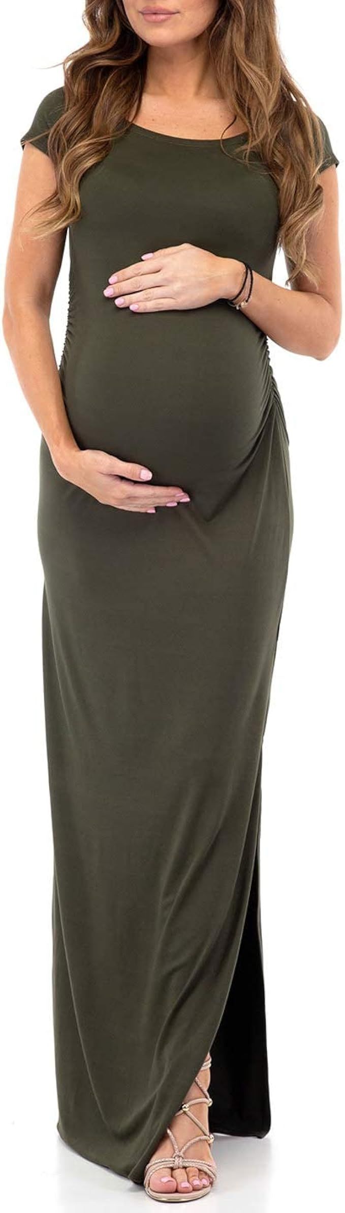 Mother Bee Maternity Short Sleeve Ruched Side Bodycon Dress with Side Slit | Amazon (US)