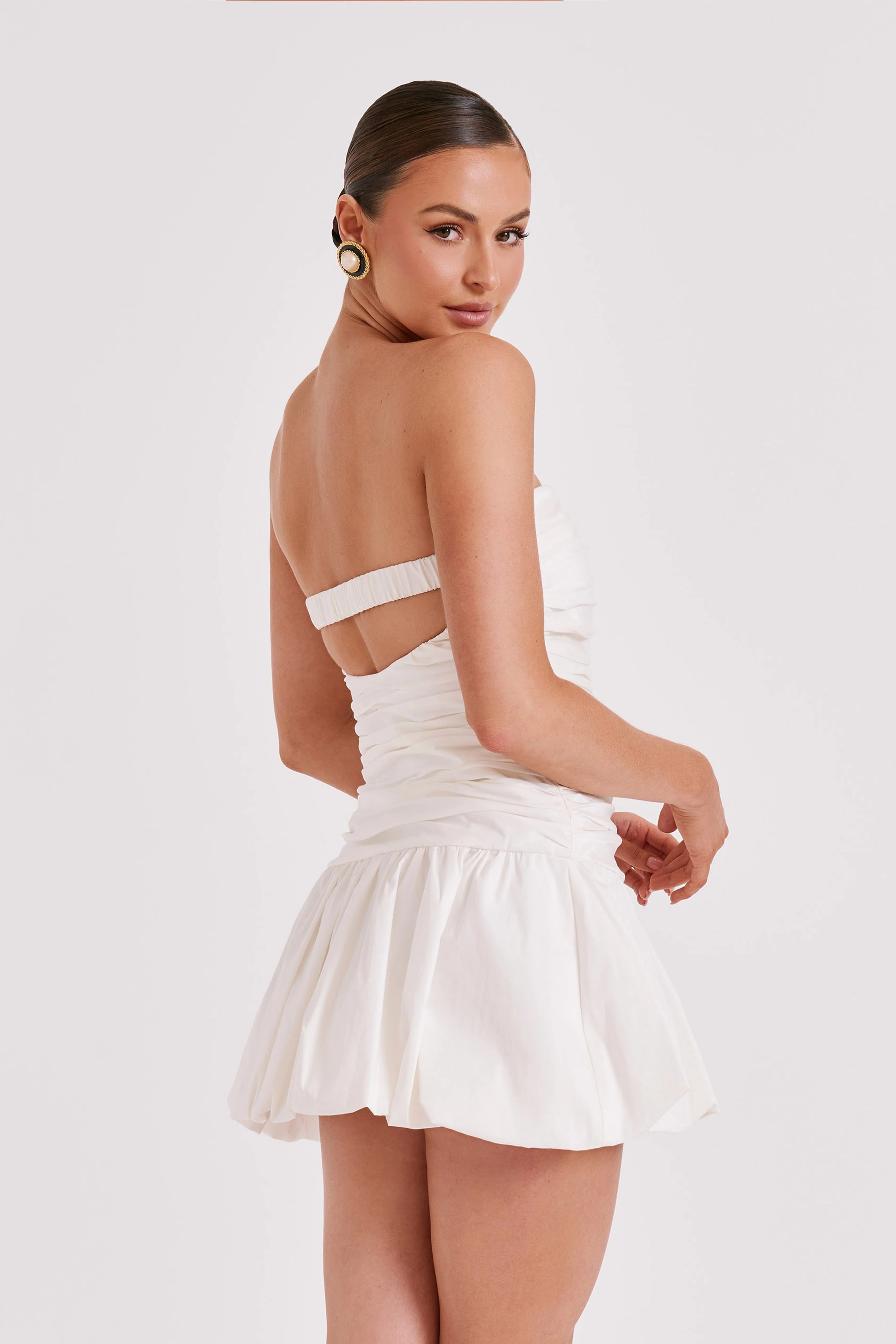 Fran Ruched Cotton Mini Dress - White | MESHKI US