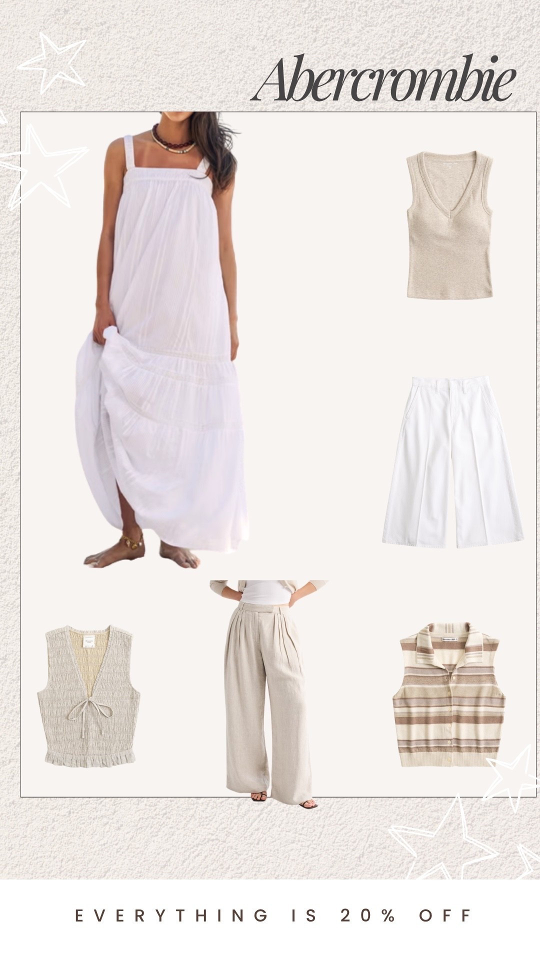 More new arrival favorites from @abercrombie right now! 
All of these tan and white neutrals are giving summer beach but elegant and chic!

#LTKootd #LTKU #LTKgrwm