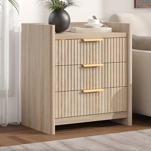 25.9" Fluted Nightstand with Charging Station, Large Bedside Table with 3 Storage Drawers and Met... | Amazon (US)