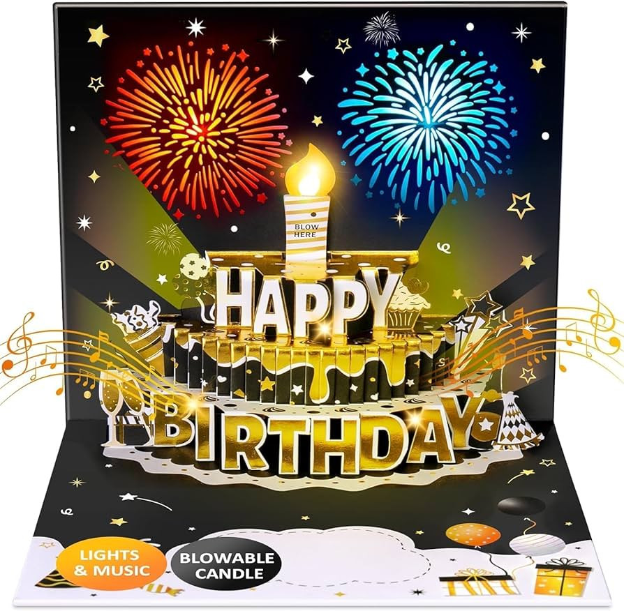 INPHER UPGRADED DIY Age Birthday Cards Fireworks Pop Up Cake Light and Music Black and Gold Happy... | Amazon (US)