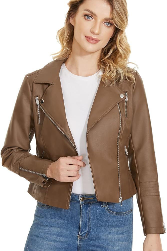 Fahsyee Faux Leather Jacket for Women, Vegan Jackets Moto Biker Motocycle Coat | Amazon (US)