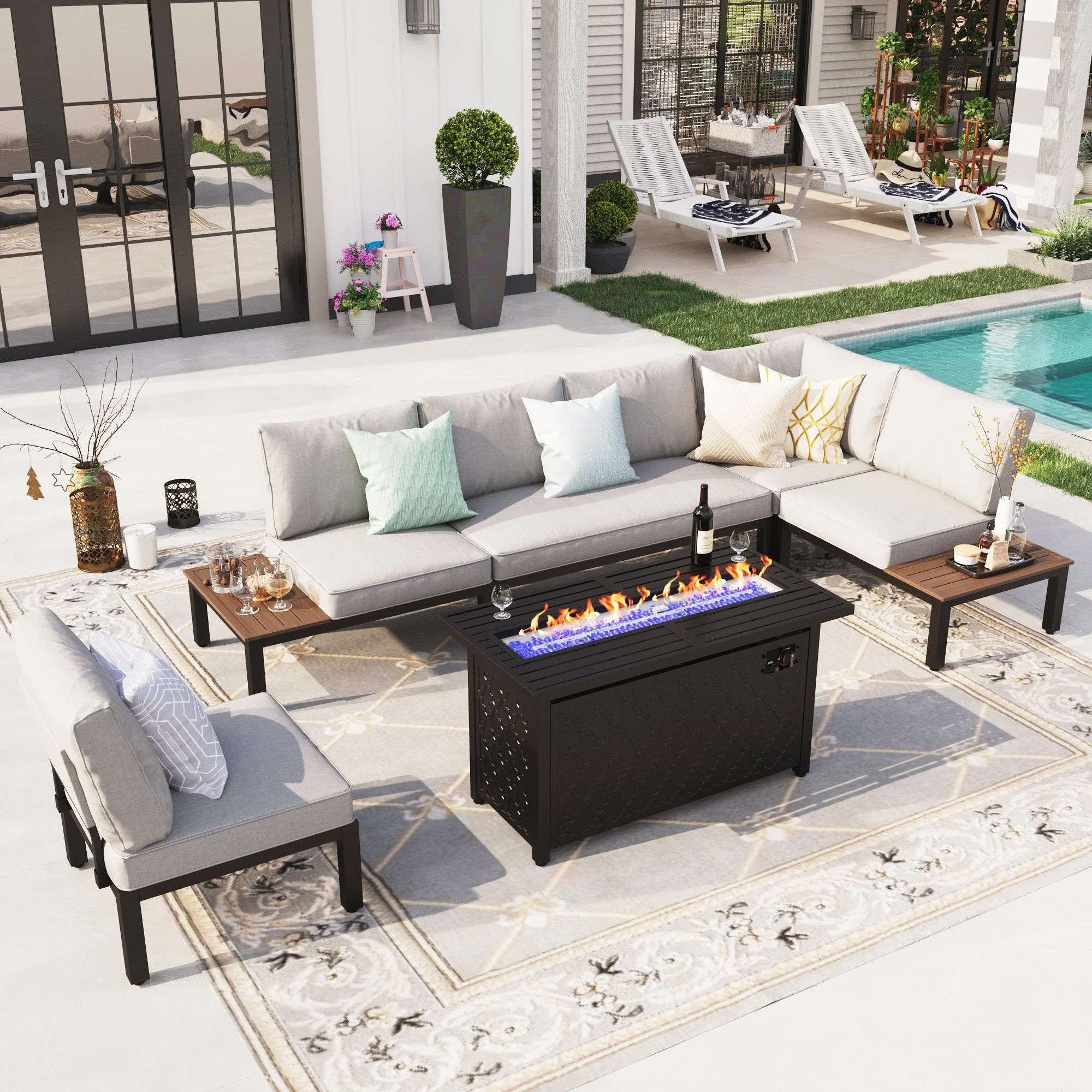 Sophia & William 6 Pieces Outdoor Patio Furniture Conversatio Sofa Set with Fire Pit Table, Light... | Walmart (US)