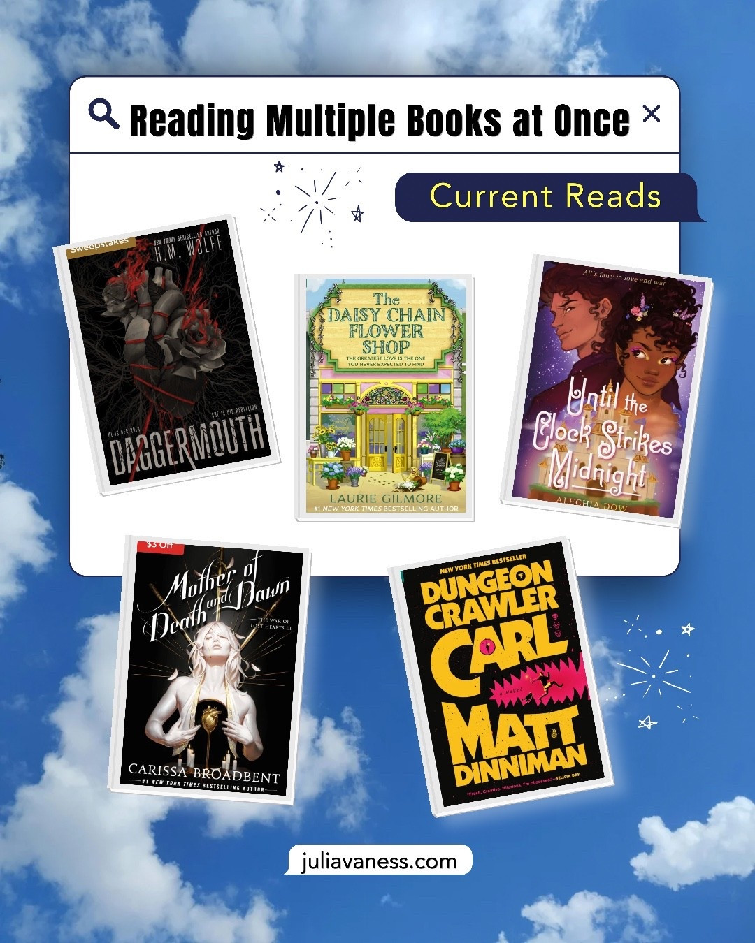 I’m always reading multiple books at once. A girl needs options. #books #bookclub #fantasybooks #romantasy #dcc #bookish #booktok