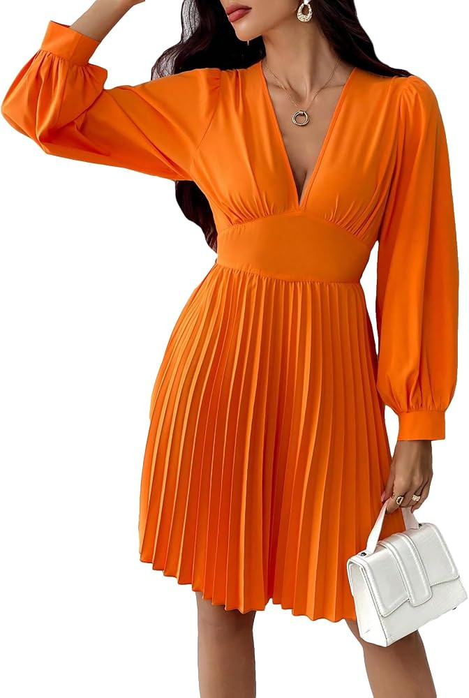 MakeMeChic Women's V Neck Long Lantern Sleeve High Waist A Line Pleated Mini Dress | Amazon (US)