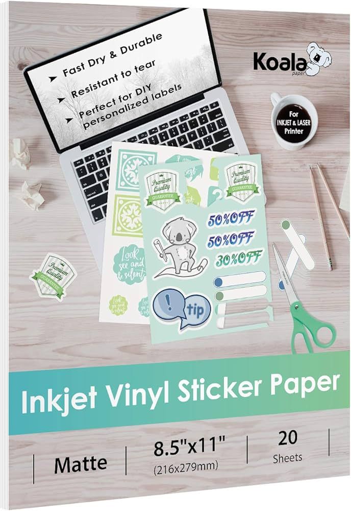 Koala Printable Vinyl Sticker Paper for Inkjet Printer - 20 Sheets Matte White Vinyl Sticker Pape... | Amazon (US)