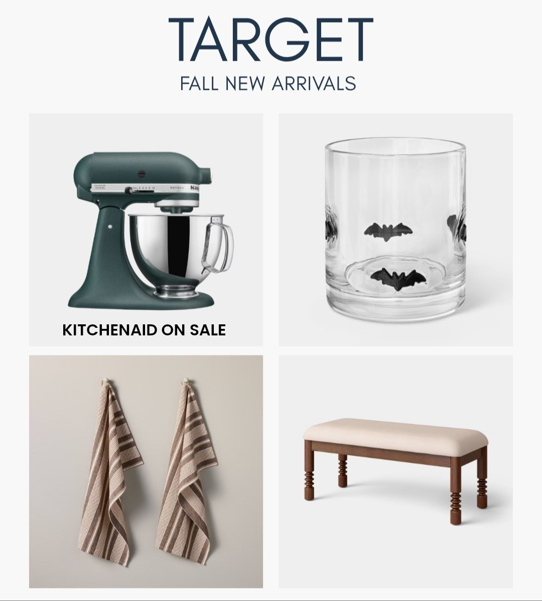 [10/1/26] Target new arrivals! KitchenAid on sale for $120 off! Comes in so many colors 

Target fall new arrivals, Target finds, fall home decor, home refresh, kitchen essentials, green stand mixer, unique glassware, striped kitchen towels, upholstered bench, entryway decor, cozy home, affordable home finds, fall hosting, home organization

#LTKSeasonal #LTKHome