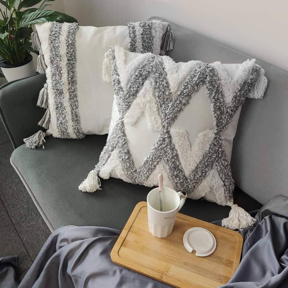 TINYSUN White Grey Boho Decorative Throw Pillow Covers Set of 2,Super Soft Woven Tufted Velvet Pi... | Amazon (US)