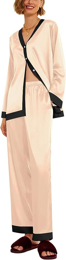 Ekouaer Satin Pajamas for Women Long Sleeve Pajamas Sets Soft Sleepwear Button Down Pj Set with P... | Amazon (US)