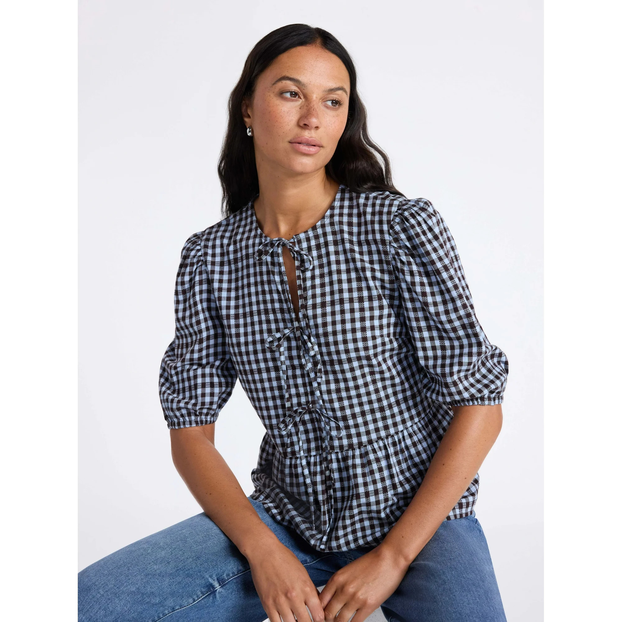 Time and Tru Women's Tie Front Peplum Top with Short Puff Sleeves, Size XS – XXXL | Walmart (US)