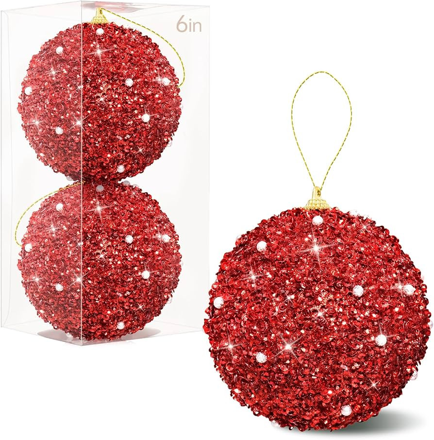 2 Pcs 6 Inch Christmas Ball Ornaments Glitter Sequin Ball Large Red Christmas Tree Decorations Xm... | Amazon (US)