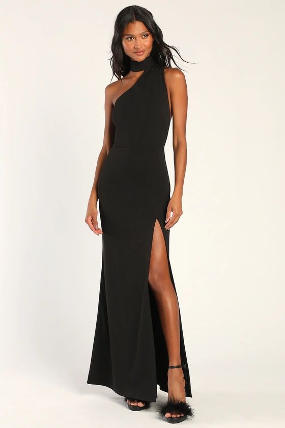 Keep It Interesting Black Asymmetrical Cutout Halter Maxi Dress | Wedding Guest  #LTKHoliday  | Lulus (US)