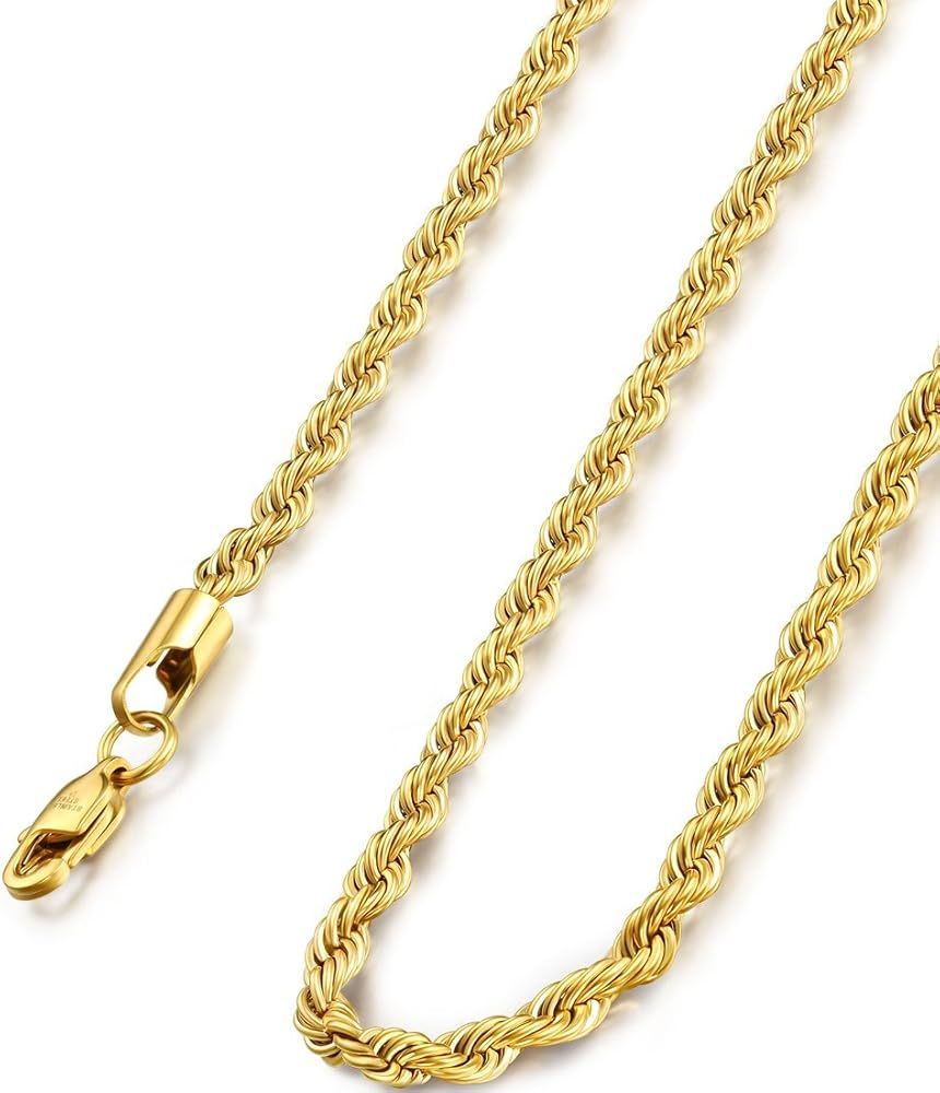 18k Real Gold Plated 2.5-8 MM Stainless Steel Mens Womens Necklace Twist Rope Chain, 16-36 inches | Amazon (US)