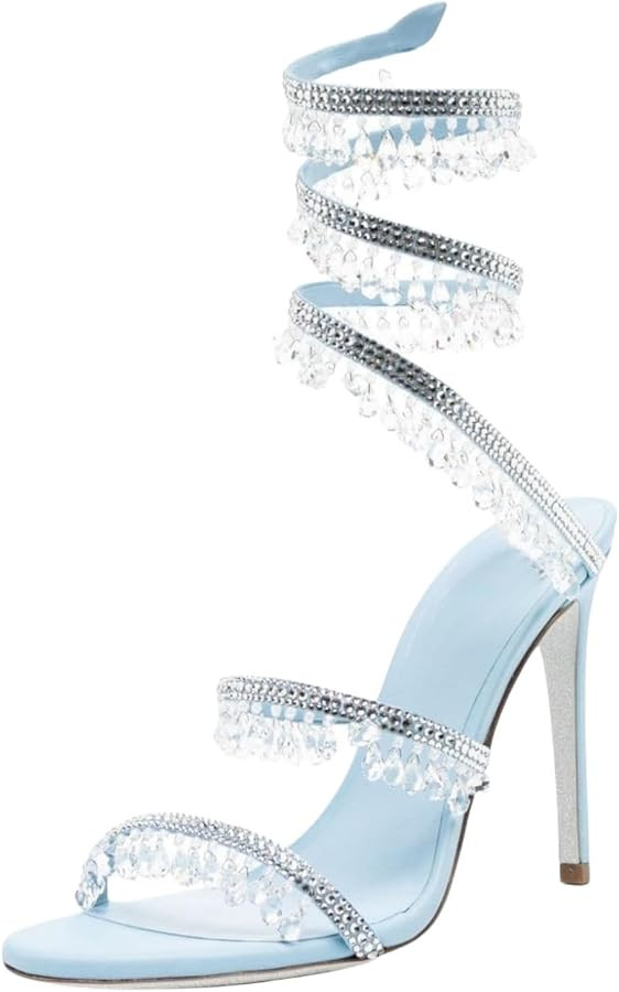Rhinestone Wrap Around Strappy Stiletto High Heels for Women, Open Round Toe Lace Up Heeled Sanda... | Amazon (US)