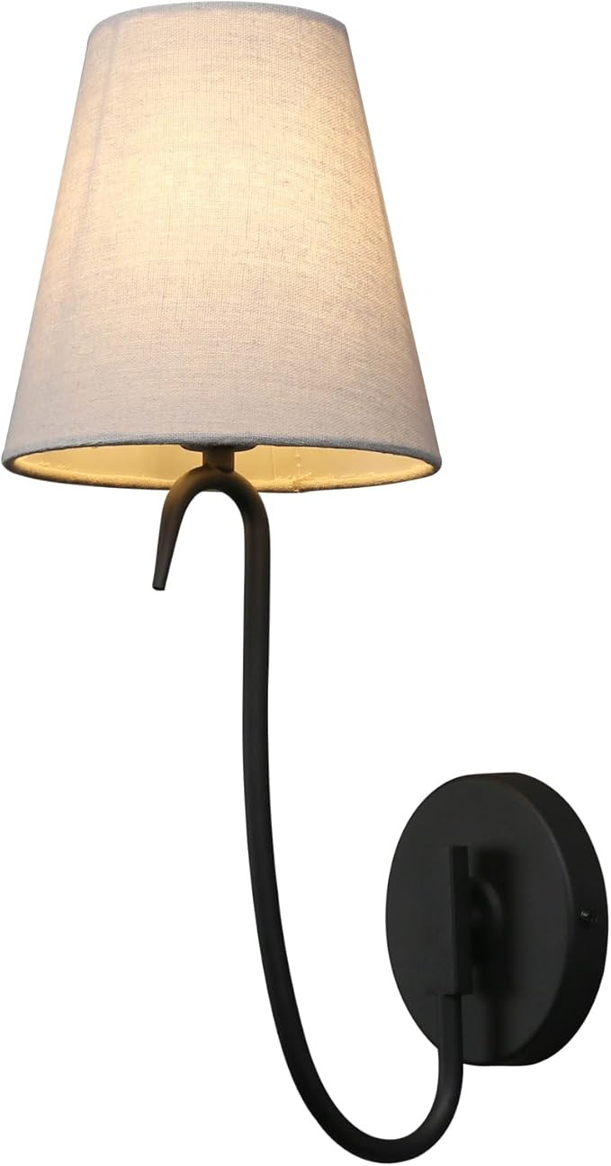 PERMO Single Sconce with Gooseneck Curved Rod Linen conical Funnel Fabric lampshade Black | Amazon (CA)