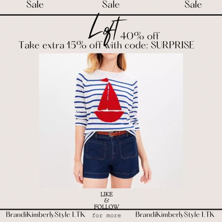 Loft is having a sale today! 40% off items and take 15% extra off with code SURPRISE
This sweater is perfect for the upcoming summer weekends, red white and blue with a sailboat.. super preppy & too cute 🇺🇸
Summer looks, summer outfit, sale, summer style, BrandiKimberlyStyle

#LTKStyleTip #LTKSaleAlert #LTKOver40