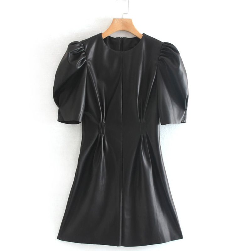 Fandy Lokar Faux Leather Dresses Women Fashion Zipper Puff Sleeve Dress Women Elegant PU Mini Dre... | Aliexpress USA
