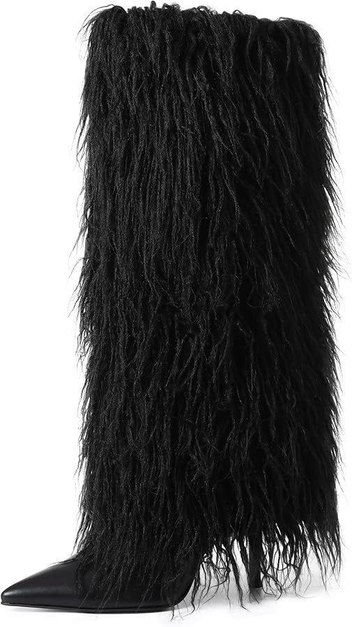 Womens Furry Boots Knee High Fold Over Tall Boot Wide Calf Pointed Toe Stiletto High Heel Fall Wi... | Amazon (US)