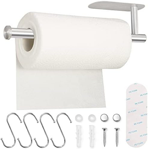 Pugala Silver Paper Towel Holder Under Cabinet, Self Adhesive or Screw Wall Mount, Kitchen Adhesive  | Amazon (US)