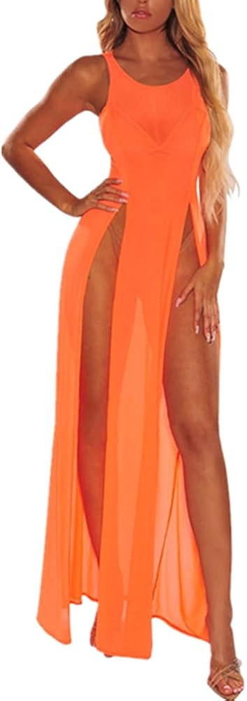 Bikini Cover Up Beachwear Sleeveless Swimwear Bathing Suit Coverup Side Slits Crochet Beach Dress... | Amazon (US)