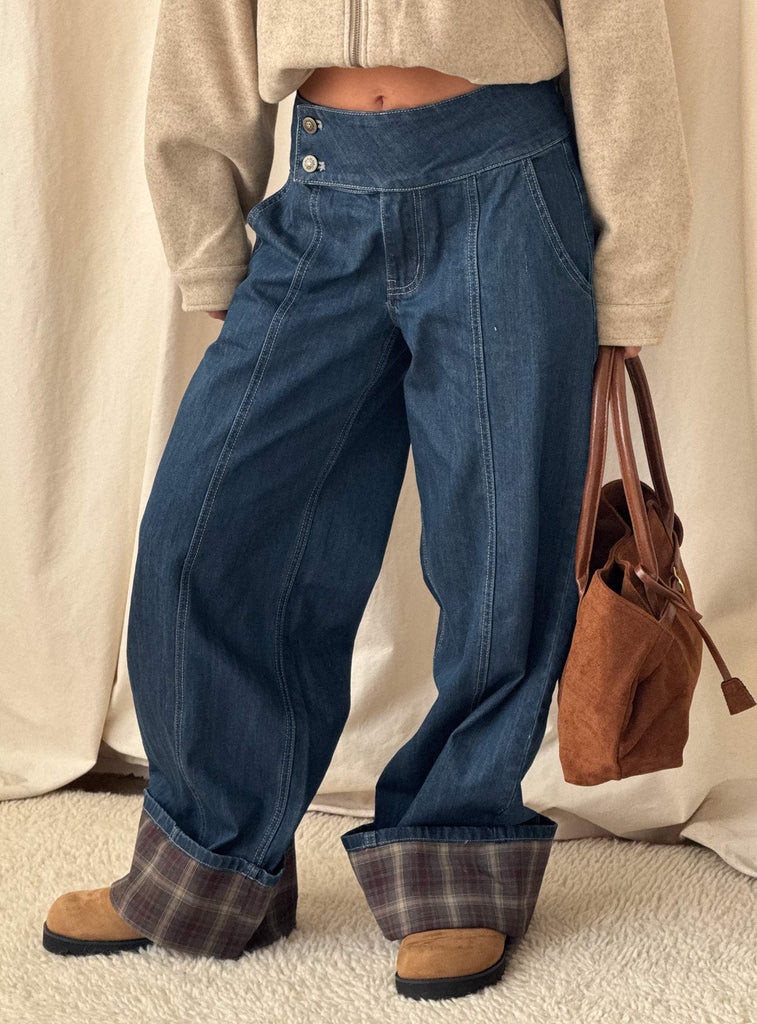 Nikoletta Foldover Jeans Dark Wash / Check | Princess Polly US