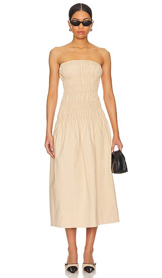 Vanna Midi Dress in Beige | Revolve Clothing (Global)