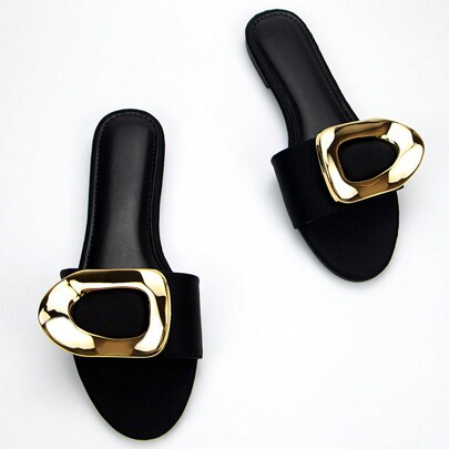 Women's Trendy Gold-Tone Hardware Buckle Embellished Black Lycra Material Comfortable Round Toe Flat Mule Sandals For Daily Wear | SHEIN