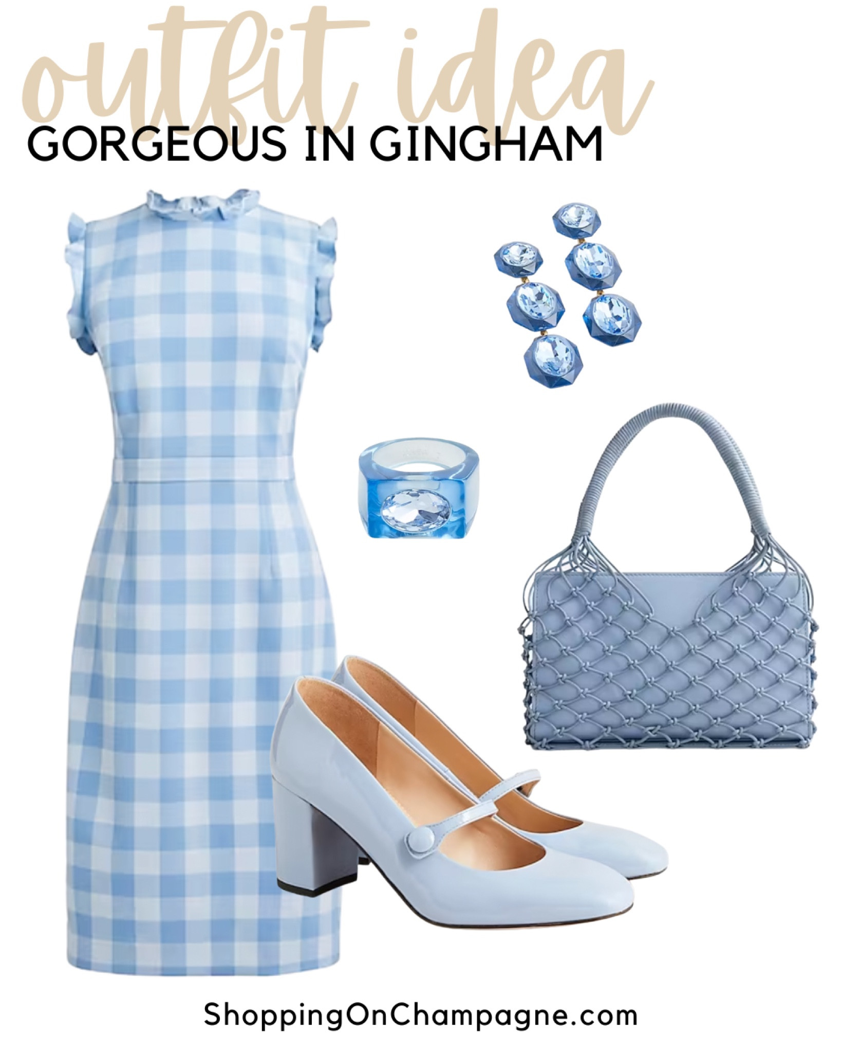 Spring Dress! Perfect for Easter, wedding guest, or dinner out. A gingham shift dress features ruffle detail. Pair it with blue sparkle earrings, Mary Jane heels, a blue bag, and fun ring.✨


#LTKstyletip #LTKSeasonal #LTKwedding