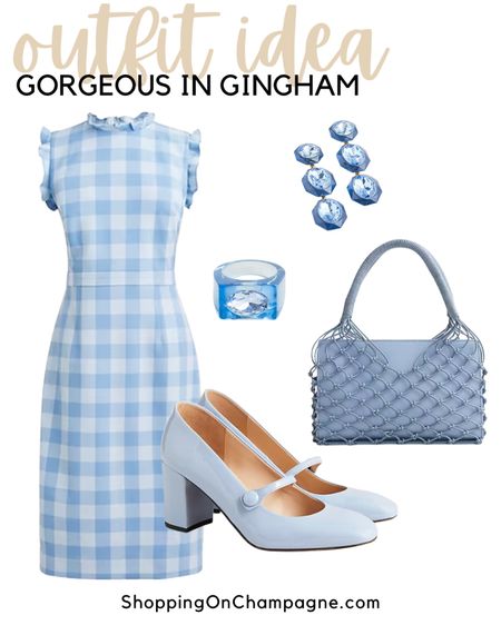 Spring Dress! Perfect for Easter, wedding guest, or dinner out. A gingham shift dress features ruffle detail. Pair it with blue sparkle earrings, Mary Jane heels, a blue bag, and fun ring.✨


#LTKstyletip #LTKSeasonal #LTKwedding