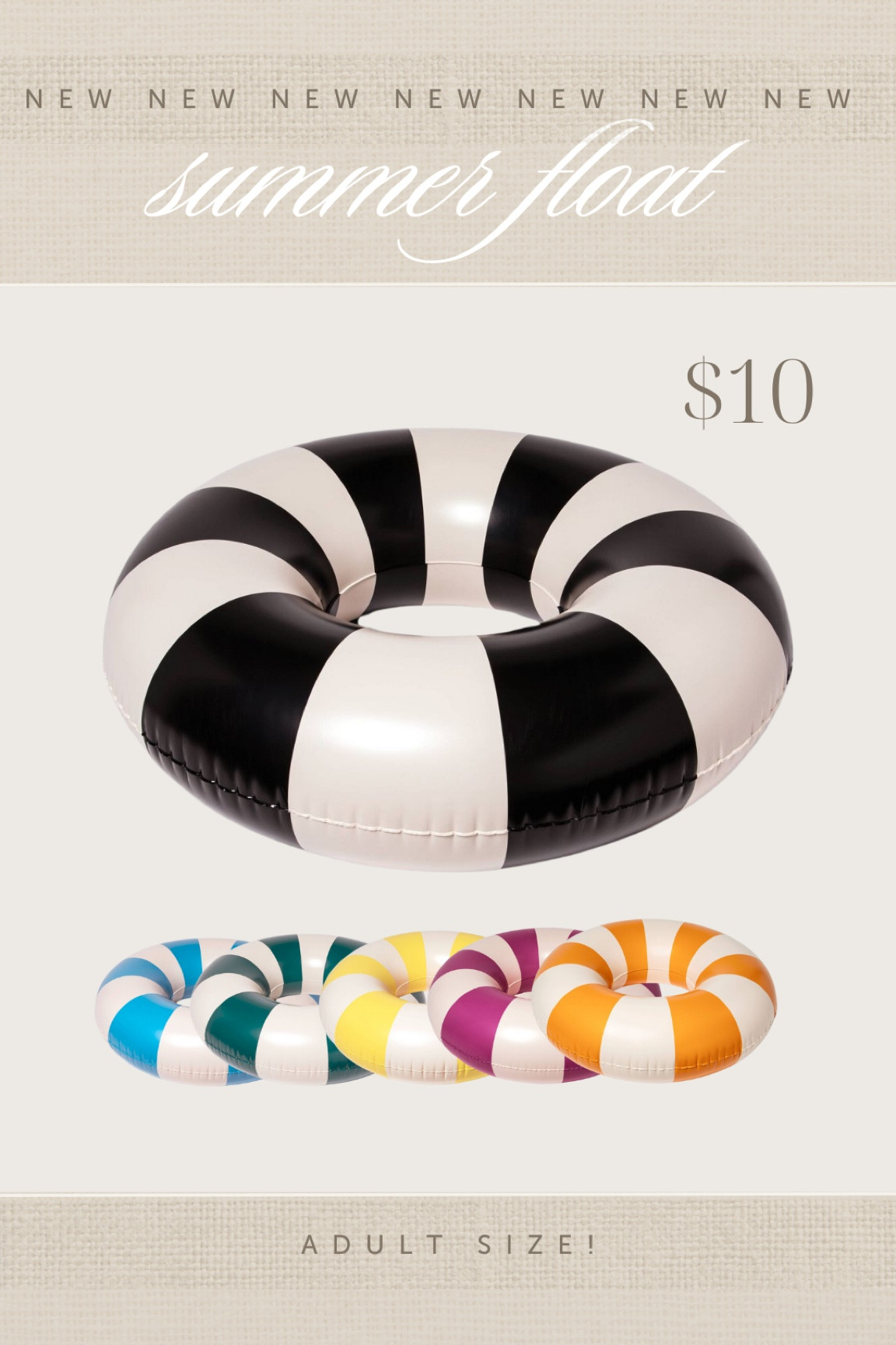 These cute summer floats are only $10! They’re adult sized and come in 6 colors 🤍

#summerfind #targetfind #float #floaty #swimring #pool #beach #summet #target 

#LTKSeasonal #LTKFindsUnder50 #LTKHome