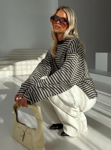 Bloom Long Sleeve Top Beige Stripe | Princess Polly US