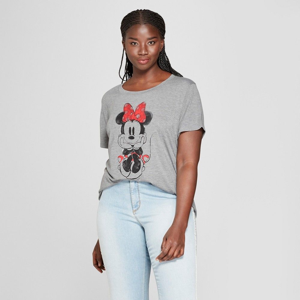 Women's Disney Plus Size Minnie Mouse Short Sleeve Watercolor Graphic T-Shirt (Juniors') Gray 3X | Target