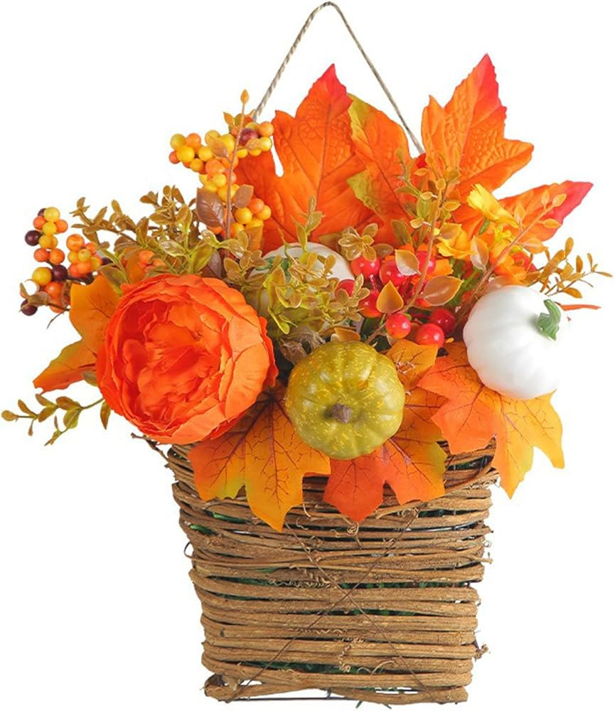 Peony Basket Fall Front Door Decor, Fall Hanging Basket Wreath,Harvest Festival Fall Hanging Bask... | Amazon (US)