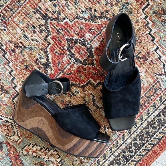 Celine Suede Mixed Wood Block 80s Style Platform Sandals | Poshmark